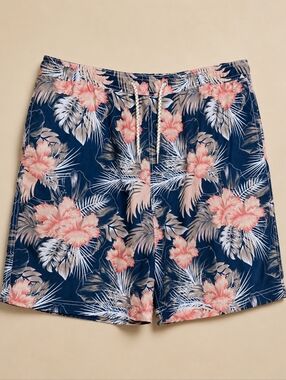 F&F Men's Tropical Floral Hibiscus Swim Trunks Blue/Pink XL Beach Summer Shorts